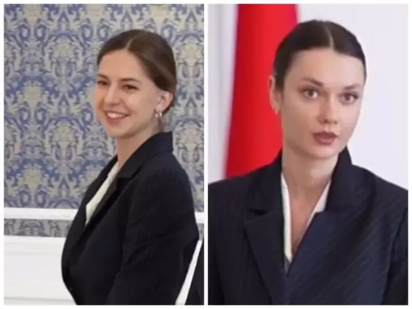Valerija Viehiero i Daŕja Drobyš vo Dvorcie niezavisimosti, Minsk, 18 avhusta 2025 hoda. Skrinšot: tielehram-kanał "Vriemia Piervoho"