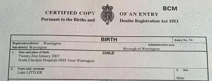 Ciertyfikat ab naradžeńni Luka Litlera Luke Littler's birth certificate Śvidietielstvo o roždienii Luka Litlera 